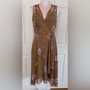 Calvin Klein Faux Wrap Tan Floral Print Dress 6 Flowy Chiffon Hi Lo Hem